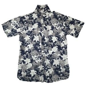 Verdo Shirt Mens Medium Blue White Floral‎ Linen Cotton Short Sleeve Button Up